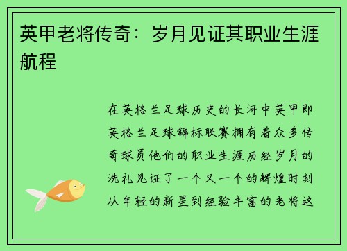 英甲老将传奇：岁月见证其职业生涯航程