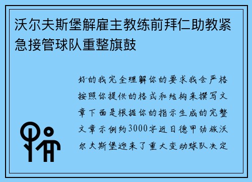 沃尔夫斯堡解雇主教练前拜仁助教紧急接管球队重整旗鼓